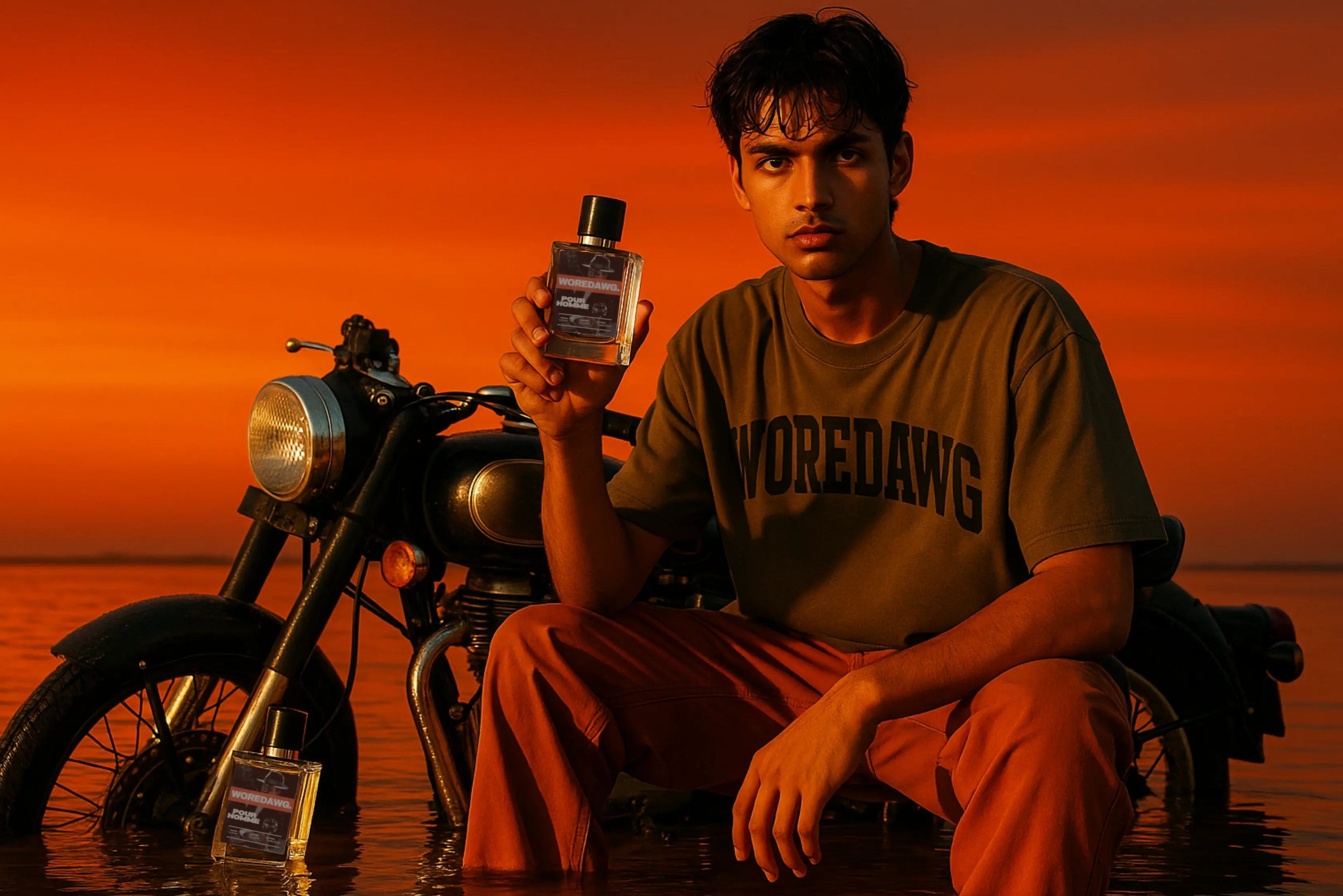 Person holding a bottle with a motorcycle in water against an orange sunset sky