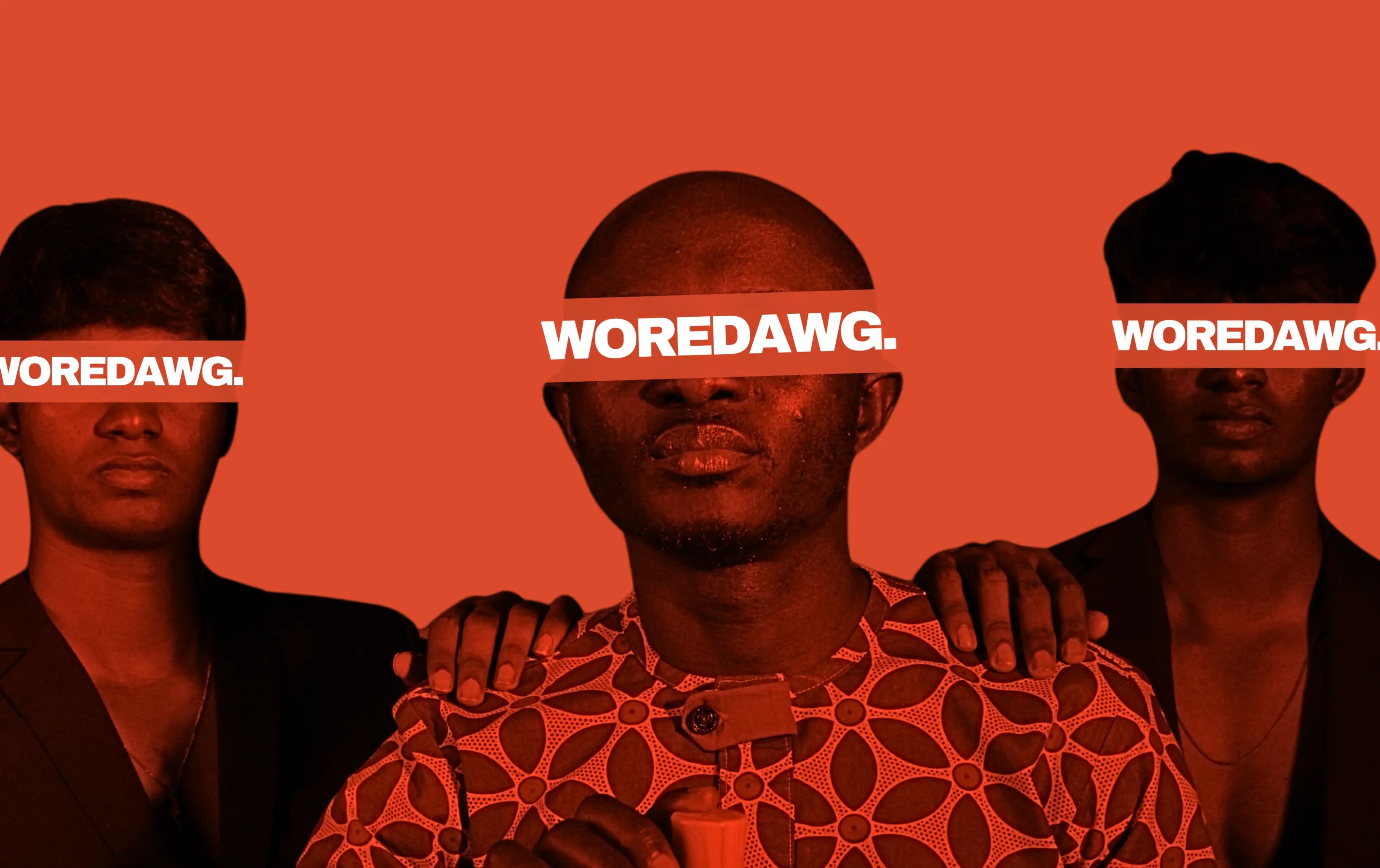 Three people with 'WOREDAWG.' text over their eyes on a red background
