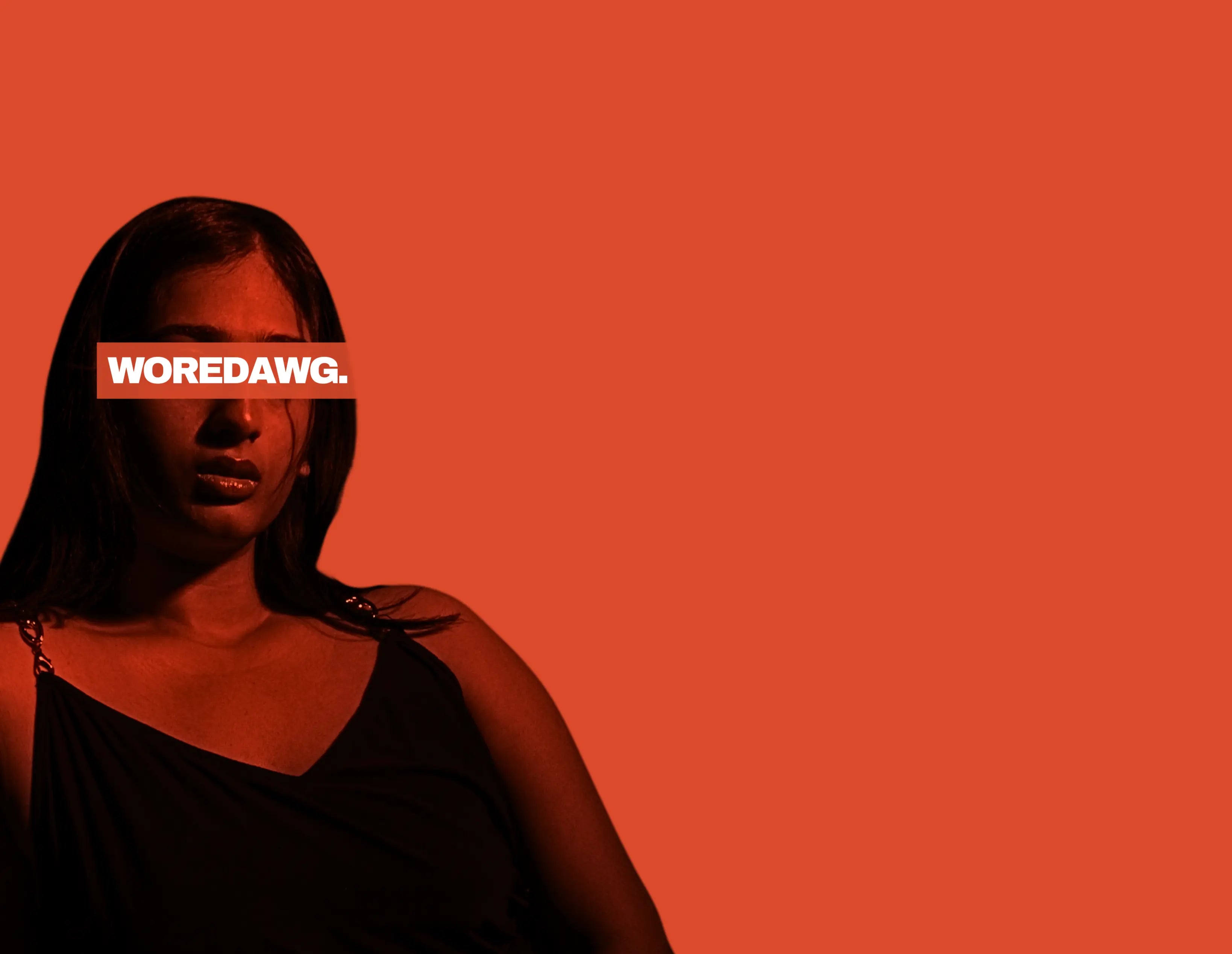 Person with 'WOREDAWG' logo over eyes on a red background